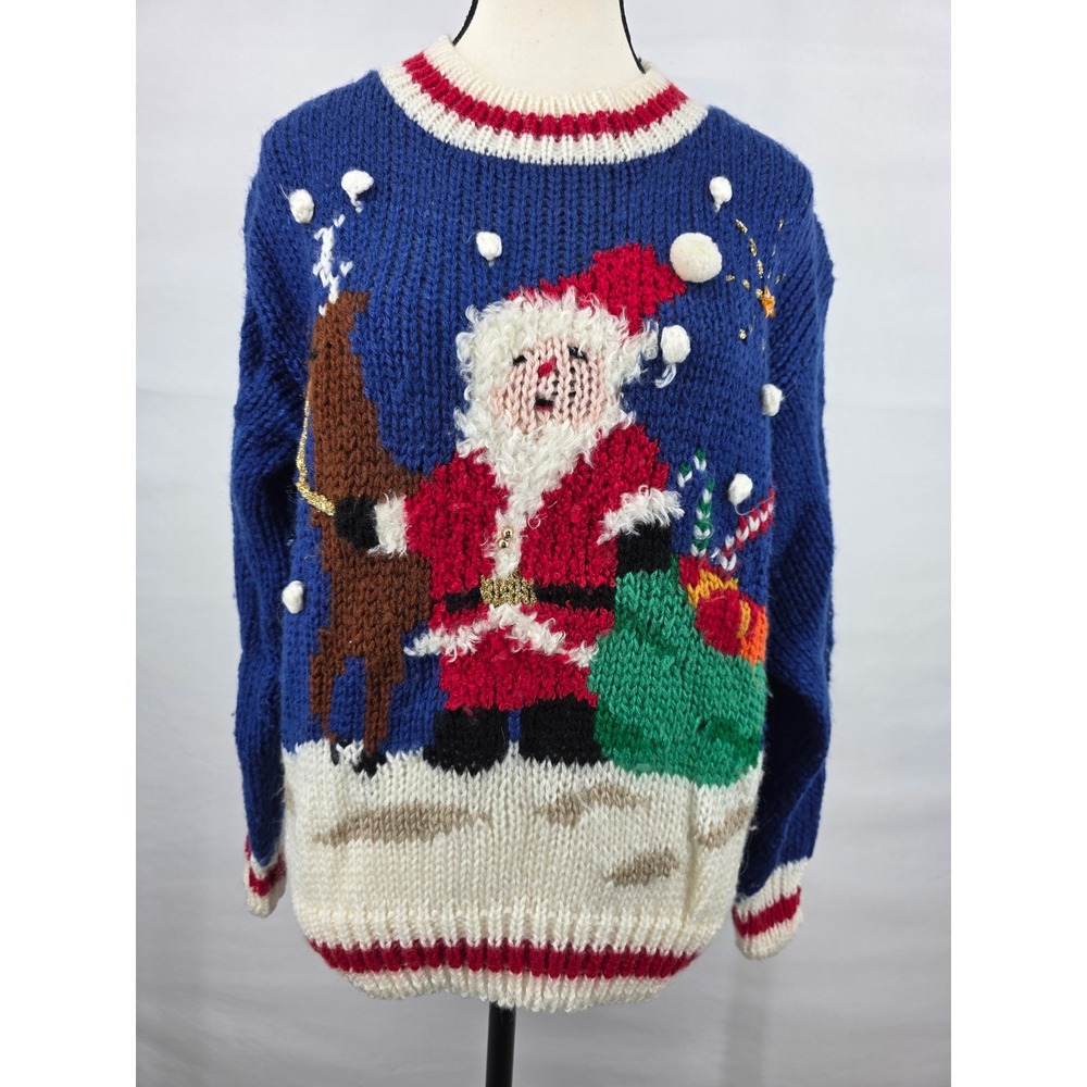 Heidi Hand Knitted Christmas Santa Reindeer Ugly Sweater Blue Womens Large